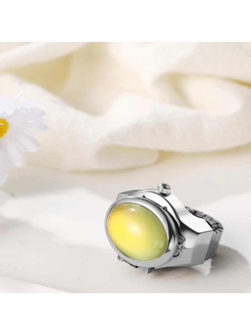 Unisex Yellow Analog Elastic Band Stainless Steel Stretchy Finger Ring Watch